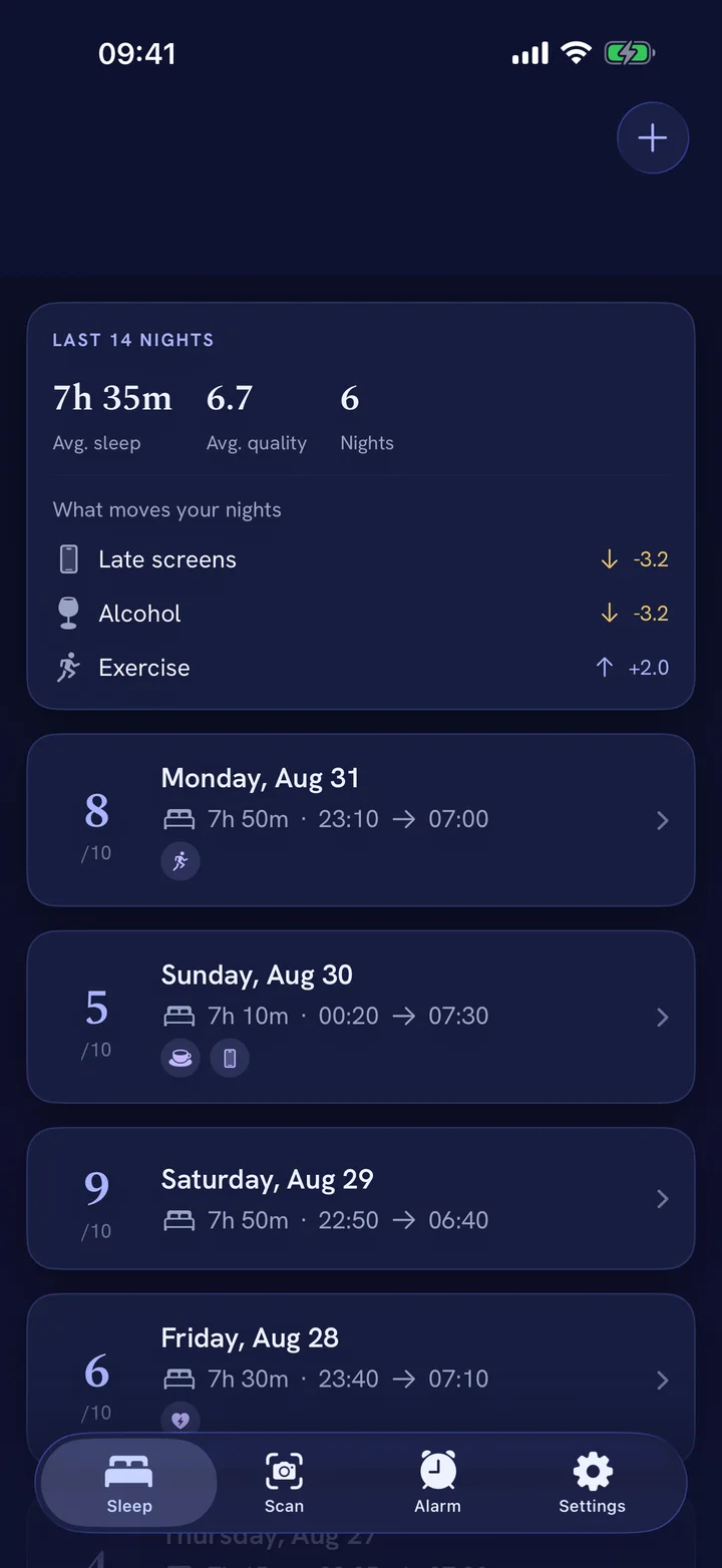 Somnest sleep tab showing 14-night averages and a list of recent nights
