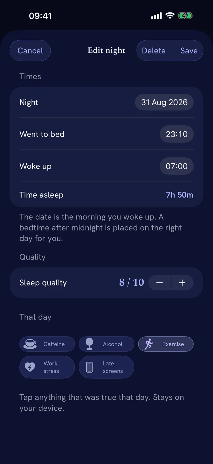 Somnest night entry form with bed and wake times, a sleep-quality score, and daily factors