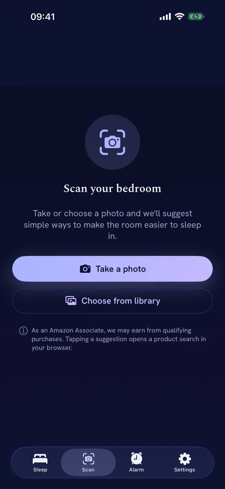 Somnest bedroom scan screen with take-a-photo and choose-from-library buttons